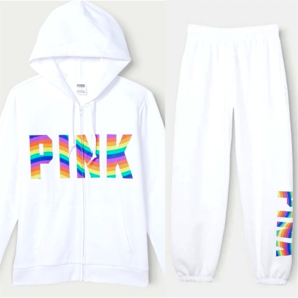 🌈NWT VS PINK RAINBOW WHITE MATCHING SET ZIP UP HOODIE / JOGGERS SIZE MEDIUM! HTF